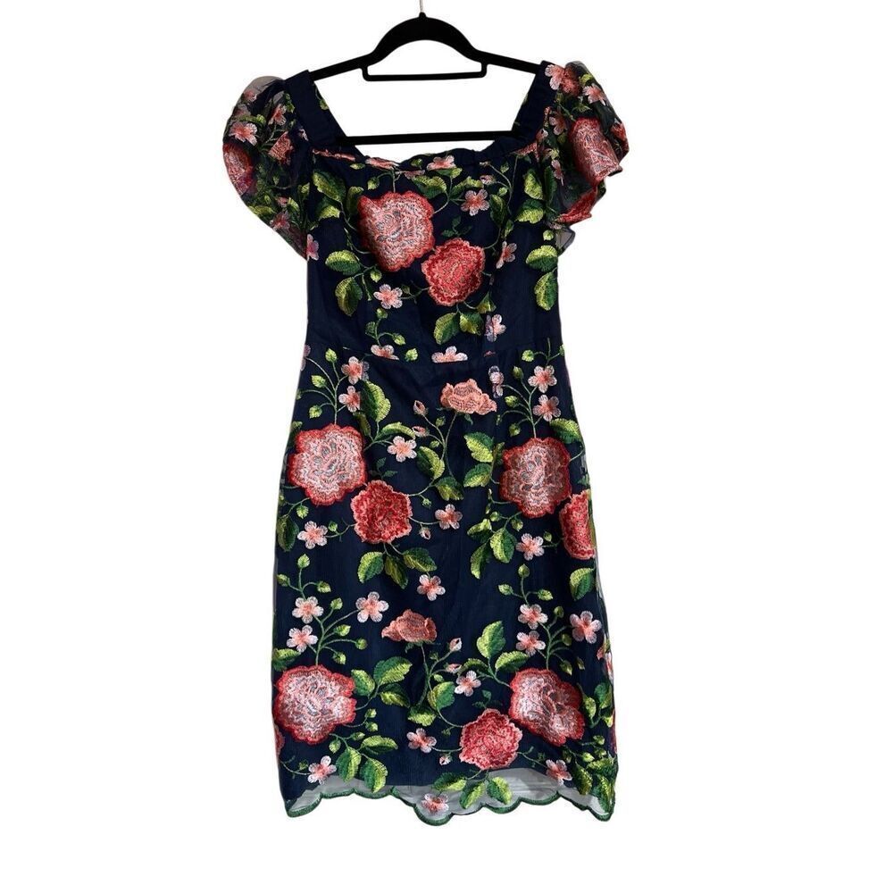 Trina Turk Floral Embroidered Dress Womens Size 4 Navy Off Shoulder NWT Romantic